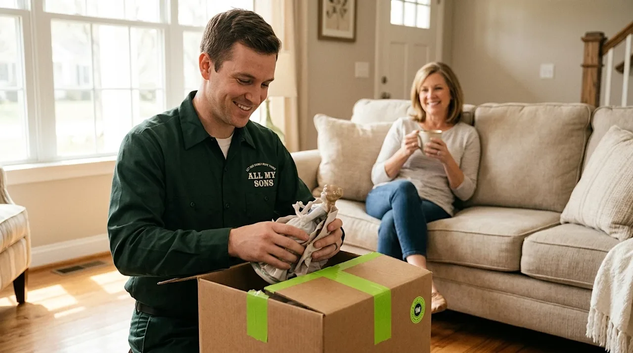 Candid lifestyle photography of a professional mover providing full-service moving assistance inside a bright, warm, welcomin