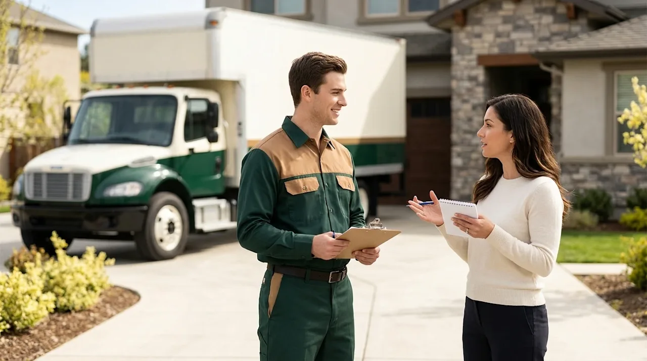 High-quality commercial photography of a friendly, professional mover in a dark forest green and warm tan uniform conversing.