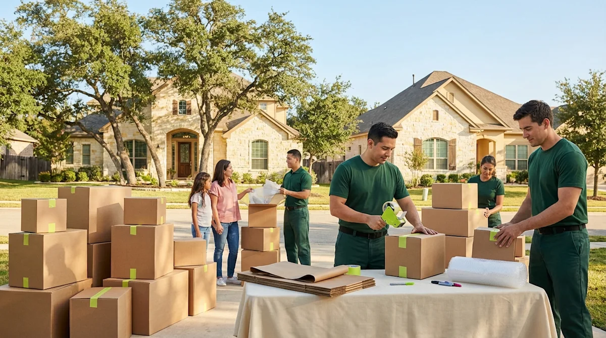 Movers in green uniforms packing boxes outside a limestone home in a sunny Round Rock, Texas neighborhood.