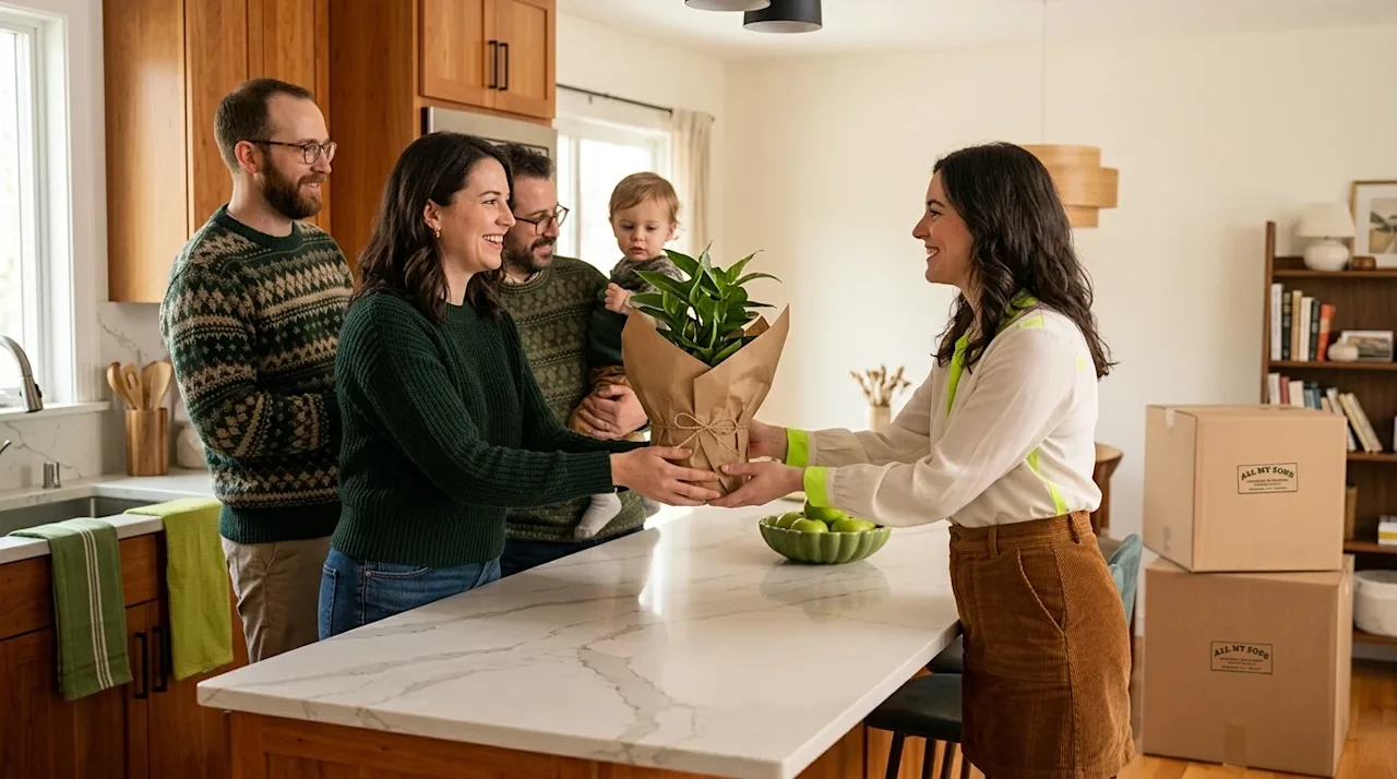 Professional marketing photography of a warm, cheerful housewarming party inside a cozy, newly settled home. A smiling couple
