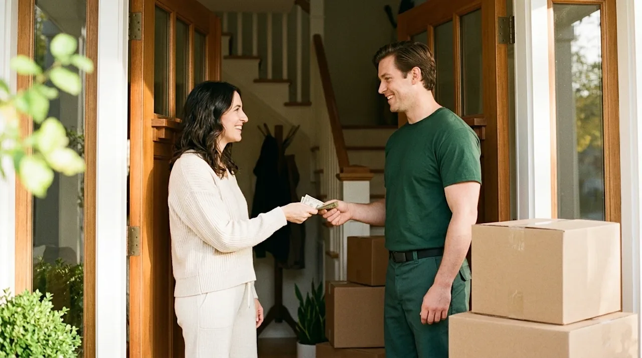 Candid 35mm film lifestyle photography of a smiling homeowner handing a cash tip to a friendly, professional mover in the war