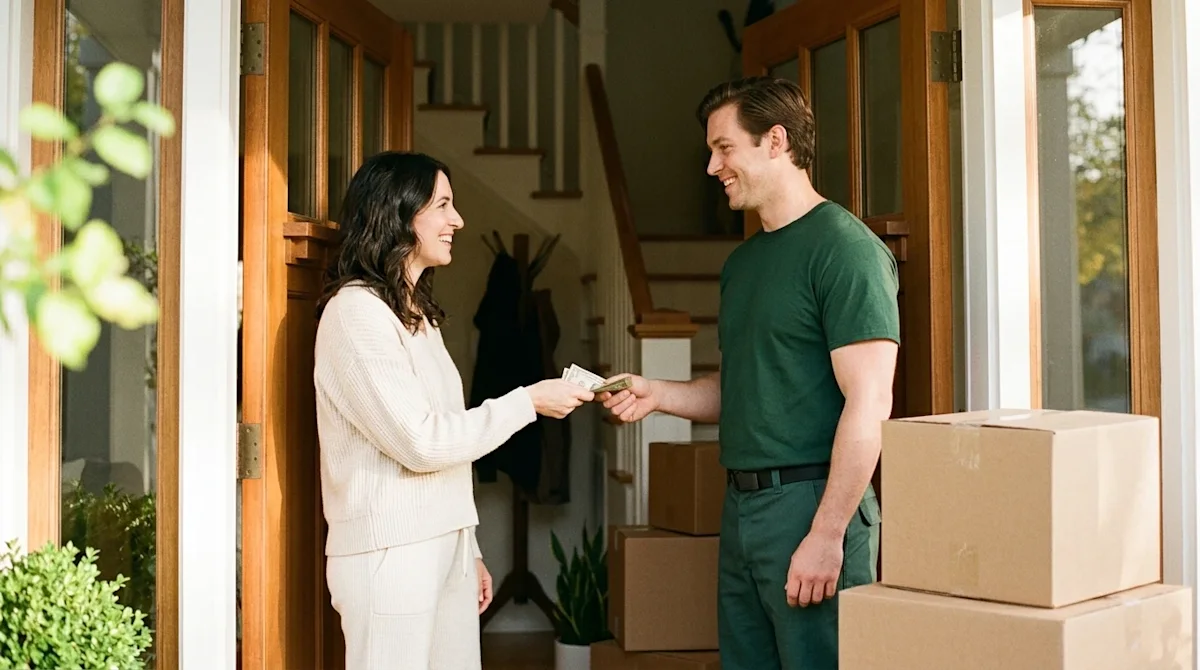 Candid 35mm film lifestyle photography of a smiling homeowner handing a cash tip to a friendly, professional mover in the war