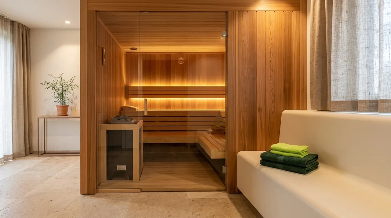 Professional interior marketing photography of a luxurious, warm cedar-wood home sauna built into a modern residential wellne