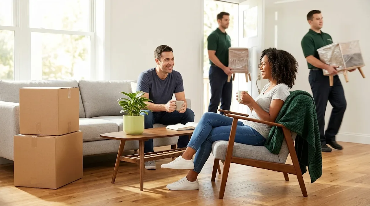 Clear and professional marketing photography of a cheerful, relaxed couple enjoying coffee in their bright, sunlit new living