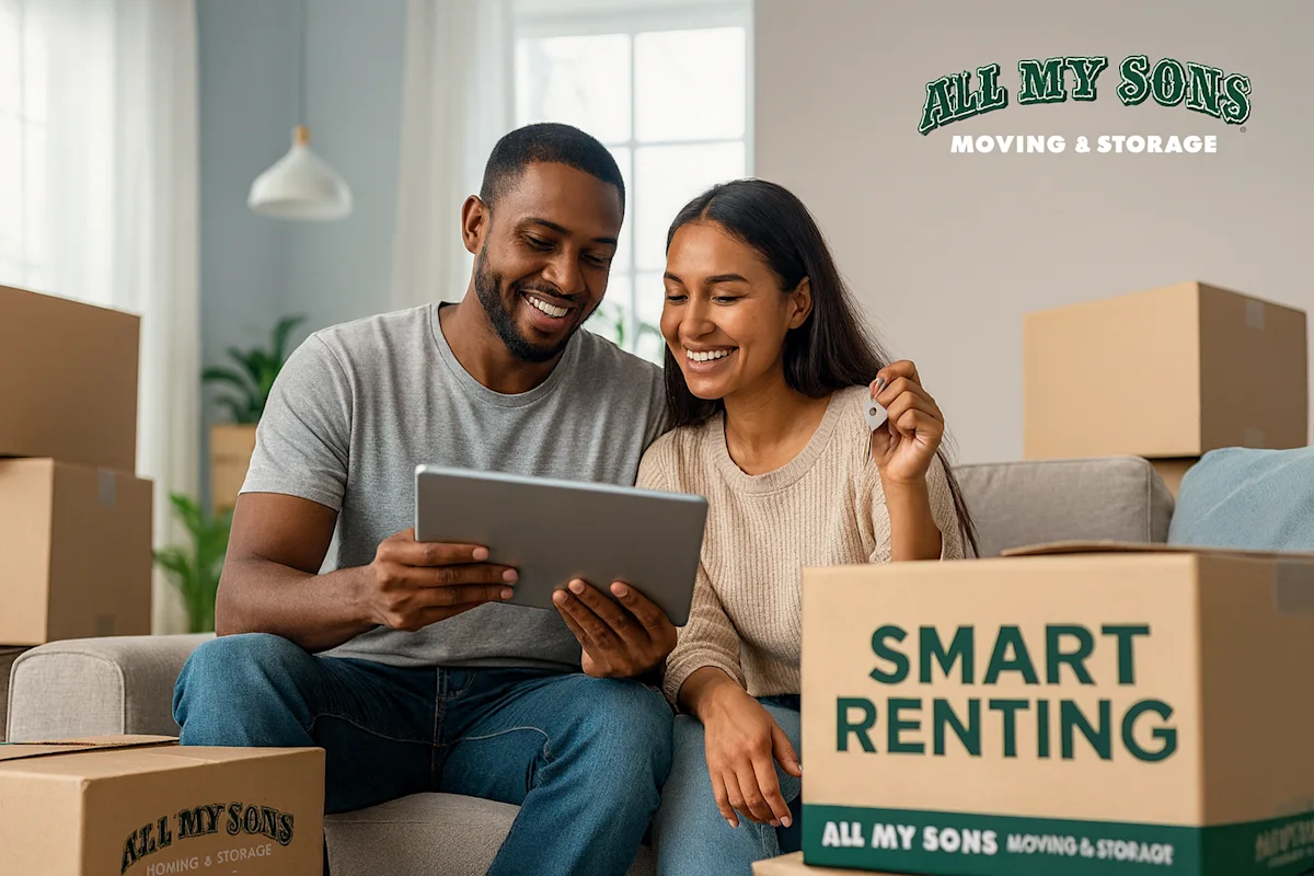 Happy couple digitally planning their move with All My Sons Moving & Storage, surrounded by branded boxes and 'Smart Renting' solutions. Experience a stress-free relocation.