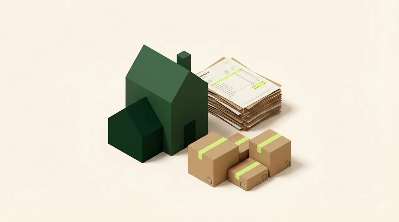 Minimalist 3D illustration of a green house model, credit report stack, and moving boxes for home loss and relocation.