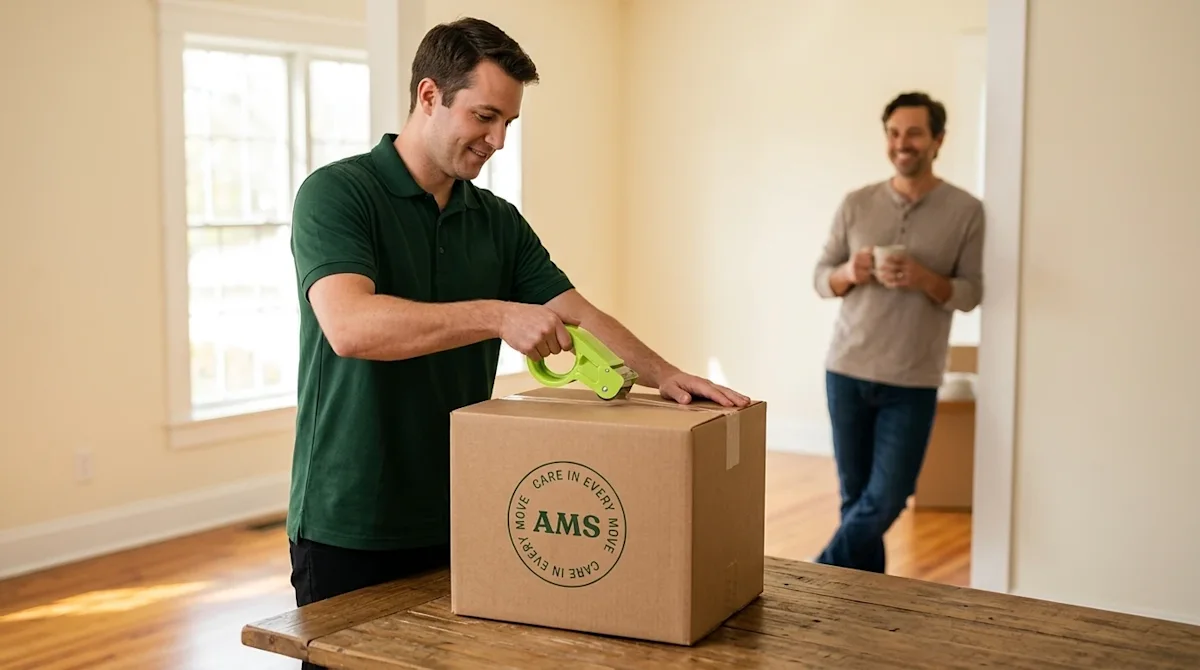 Professional marketing photography capturing a stress-free moving day inside a bright, welcoming Knoxville home. A friendly p