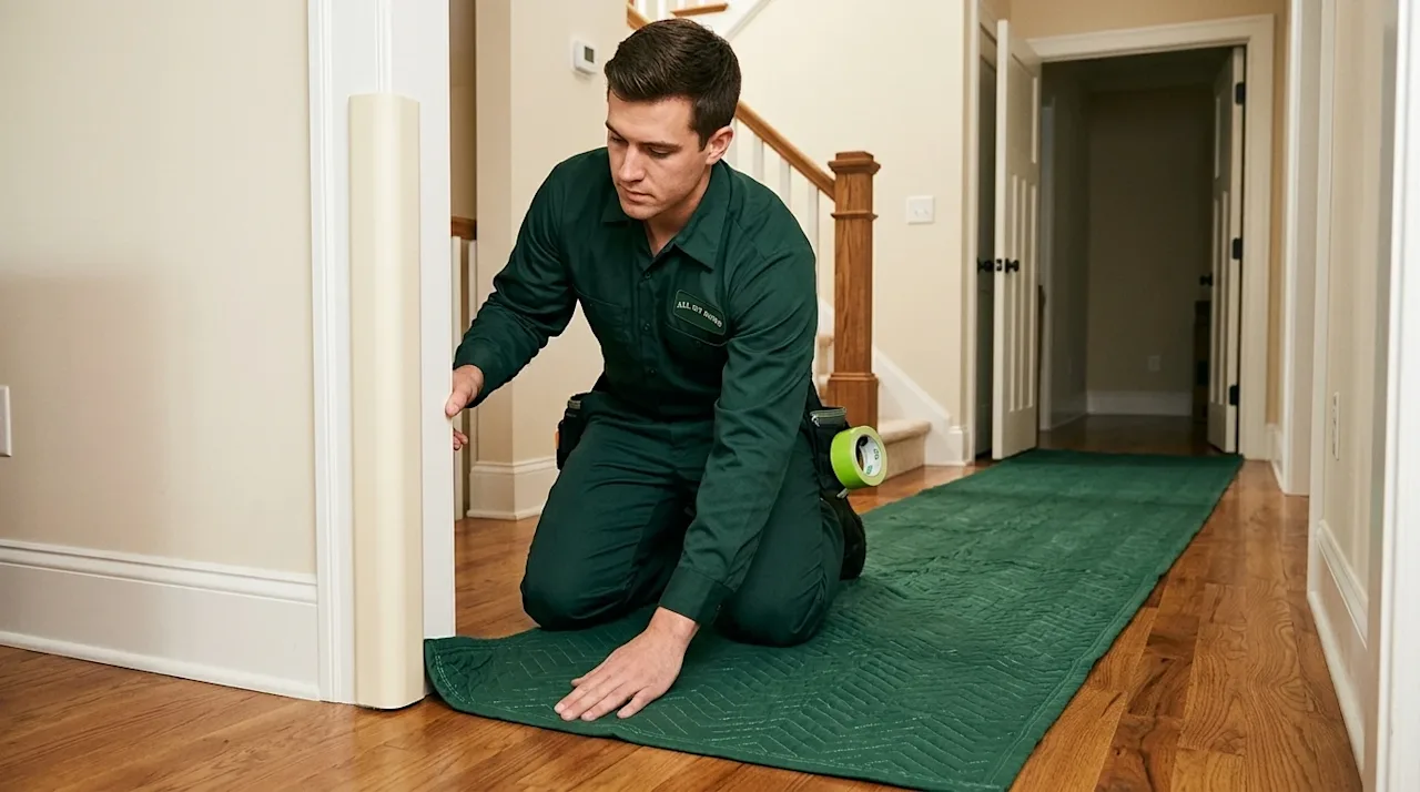 Professional marketing photography depicting the prevention of home damages during a move. A focused professional mover, wear