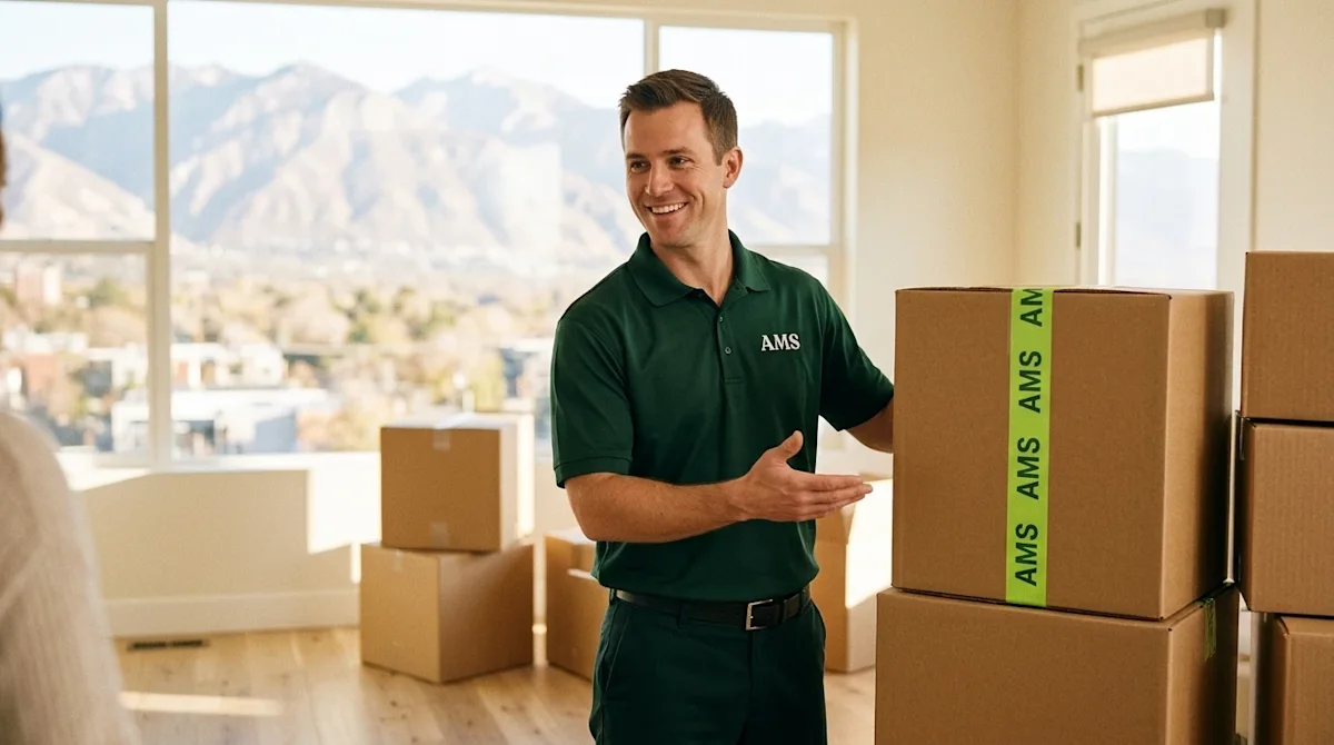 Candid lifestyle photography of a friendly, professional moving crew member in a dark forest green uniform polo shirt, standi
