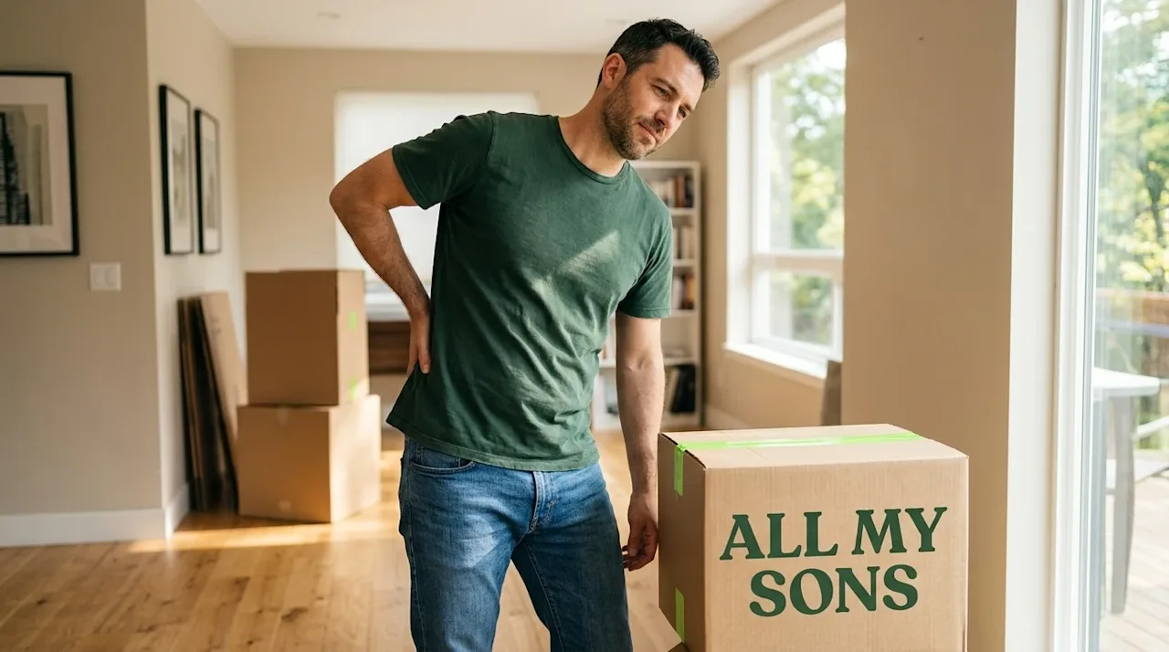Clear, professional marketing lifestyle photography of a person taking a break and experiencing a subtle moment of physical s