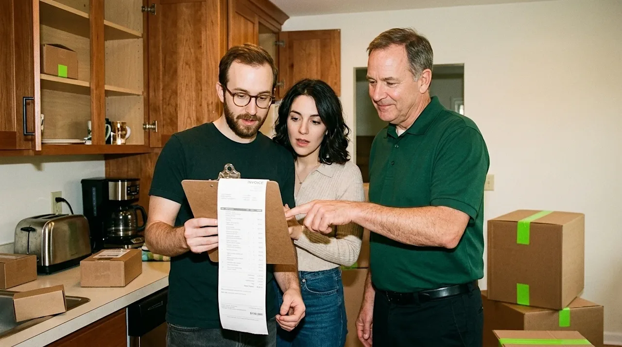 Candid 35mm film lifestyle photography of a young couple standing in a partially packed kitchen, looking closely with mild su
