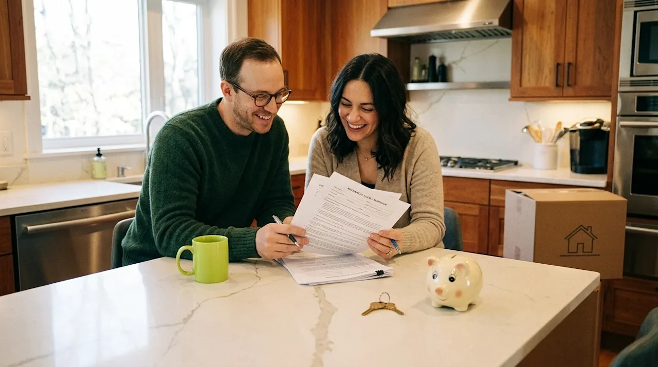 Candid lifestyle photography of a smiling couple reviewing financial real estate documents at a beautiful kitchen island insi