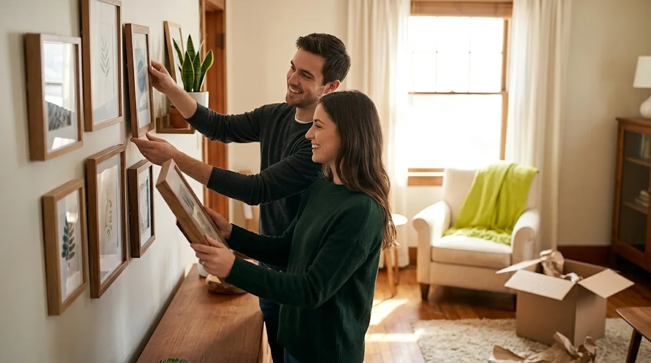 Professional marketing photography of a smiling young couple decorating their new cozy living room on a budget. They are happ