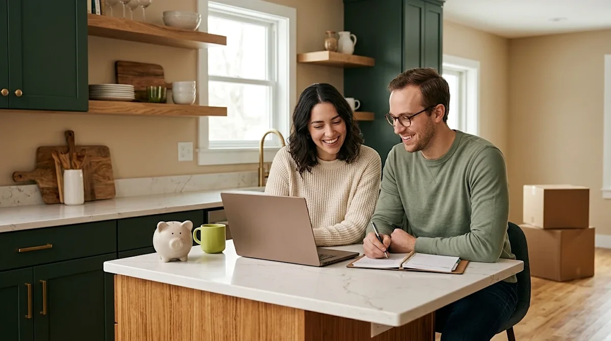 Professional marketing lifestyle photography of a smiling young couple sitting at a modern kitchen island in their newly move