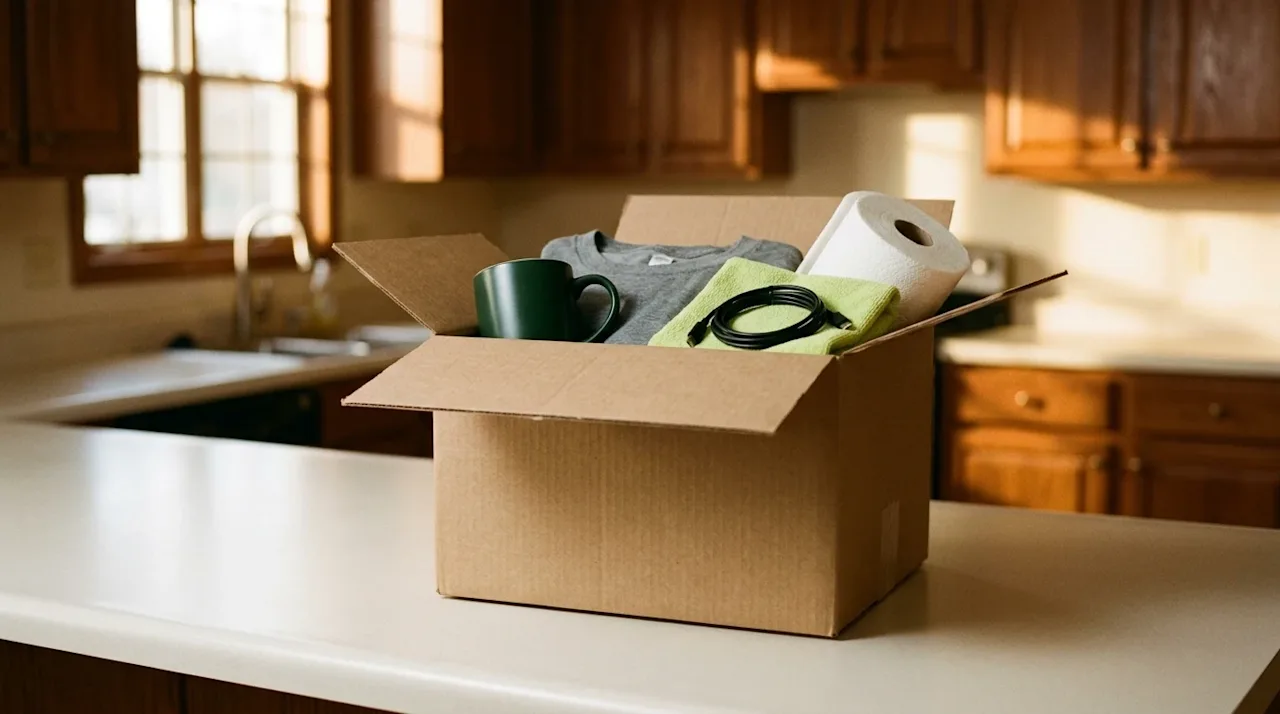 Authentic lifestyle 35mm film photography of an open kraft brown cardboard moving box sitting on a clean kitchen counter in a