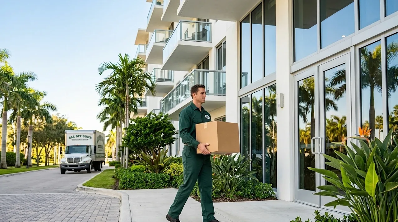 Professional marketing photography of a sunny, luxurious modern condo building in West Palm Beach, Florida. In the foreground