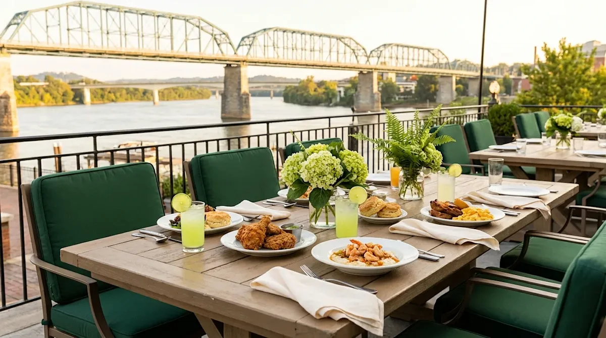 Southern cuisine on an outdoor restaurant patio in Chattanooga with a scenic view of the Walnut Street Bridge.