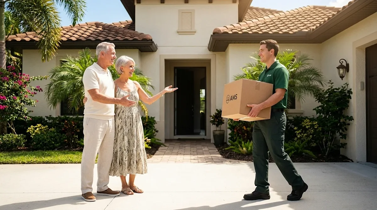 Professional marketing lifestyle photography of a happy, active retired couple in their late 60s arriving at their sunny, war