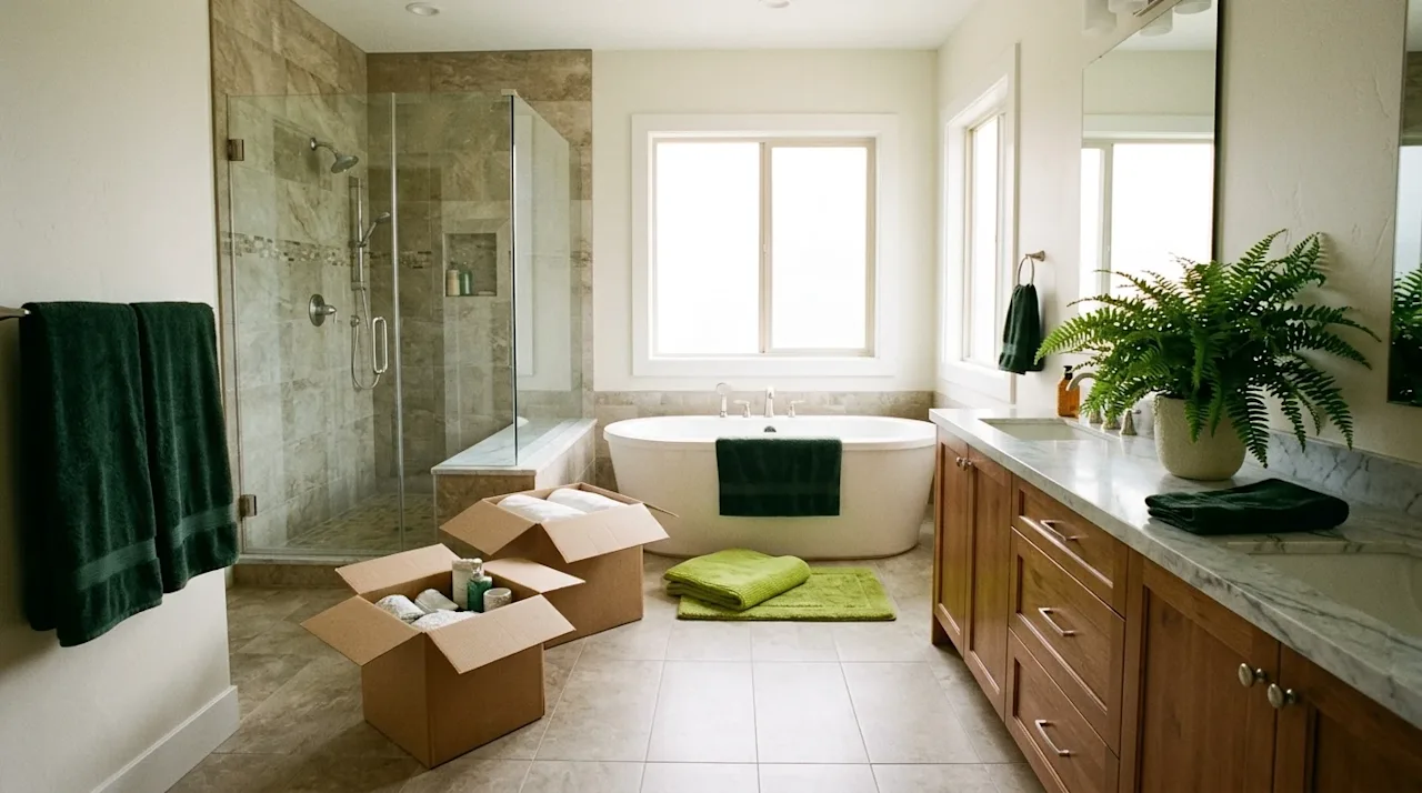 Wide-angle candid lifestyle photography of a massive, luxurious bathroom on move-in day. The expansive, airy room features a