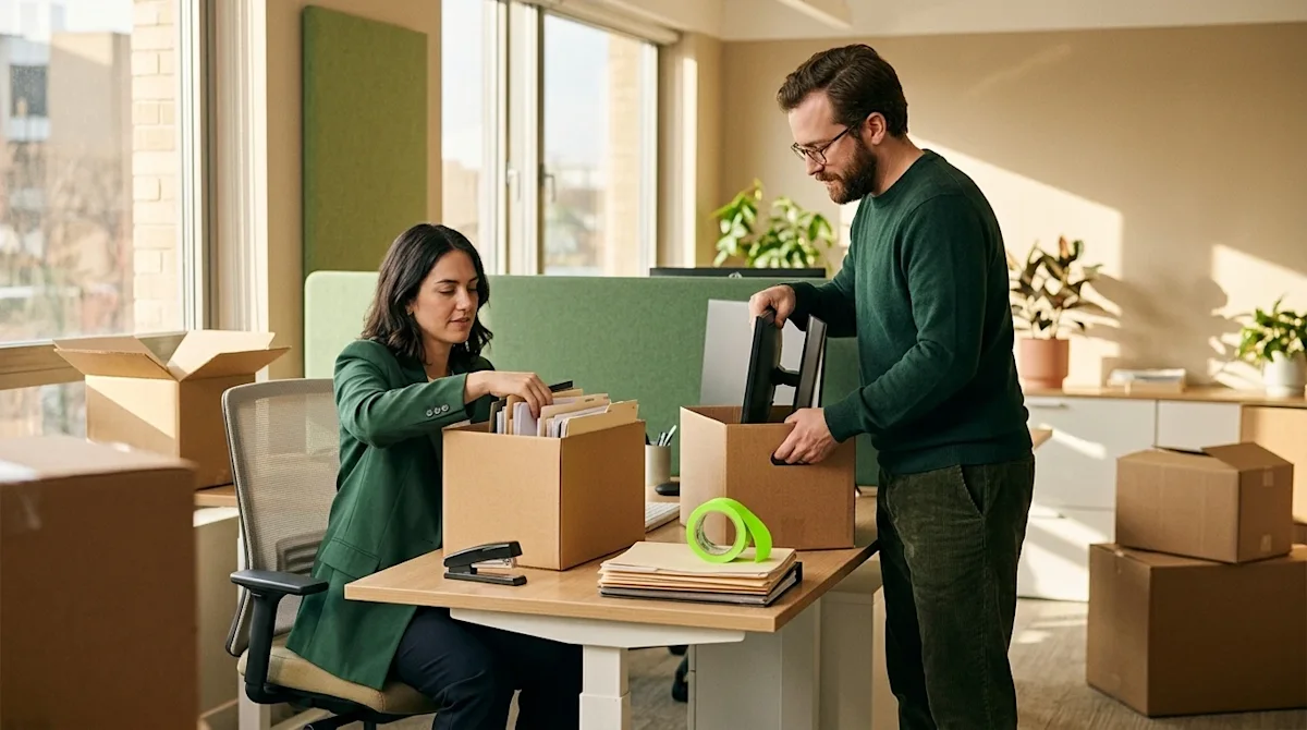 Candid lifestyle photography of a corporate office relocation in progress. Two professionals in smart business casual attire