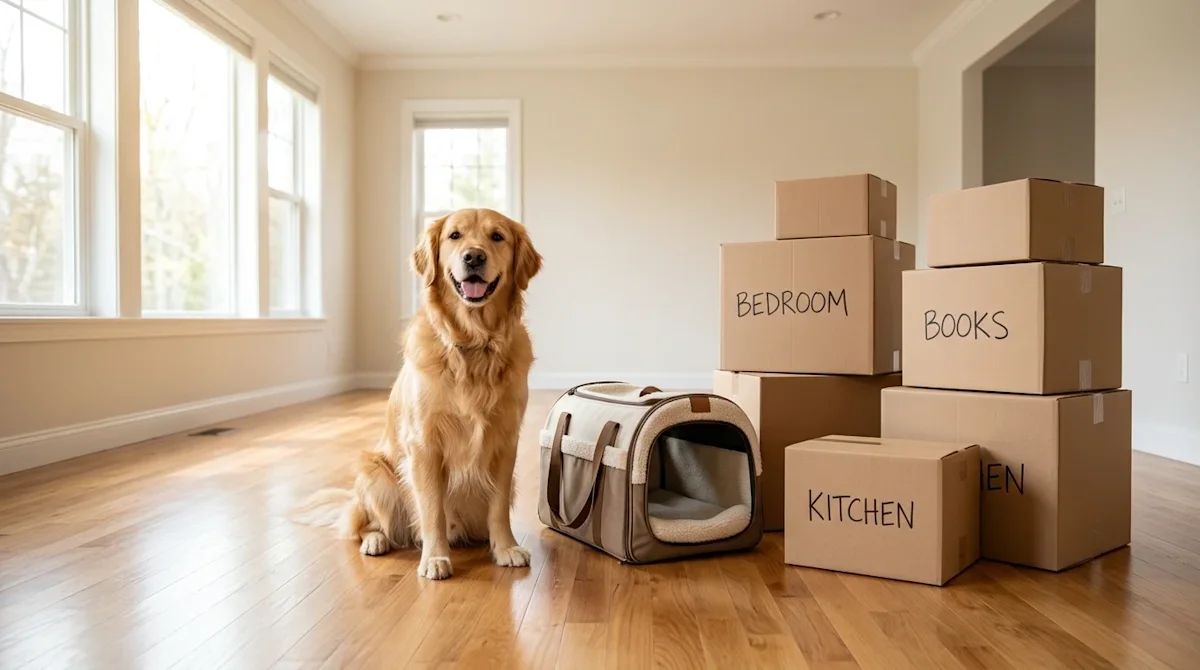 Professional commercial lifestyle photography of a happy golden retriever dog sitting comfortably next to a cozy pet carrier
