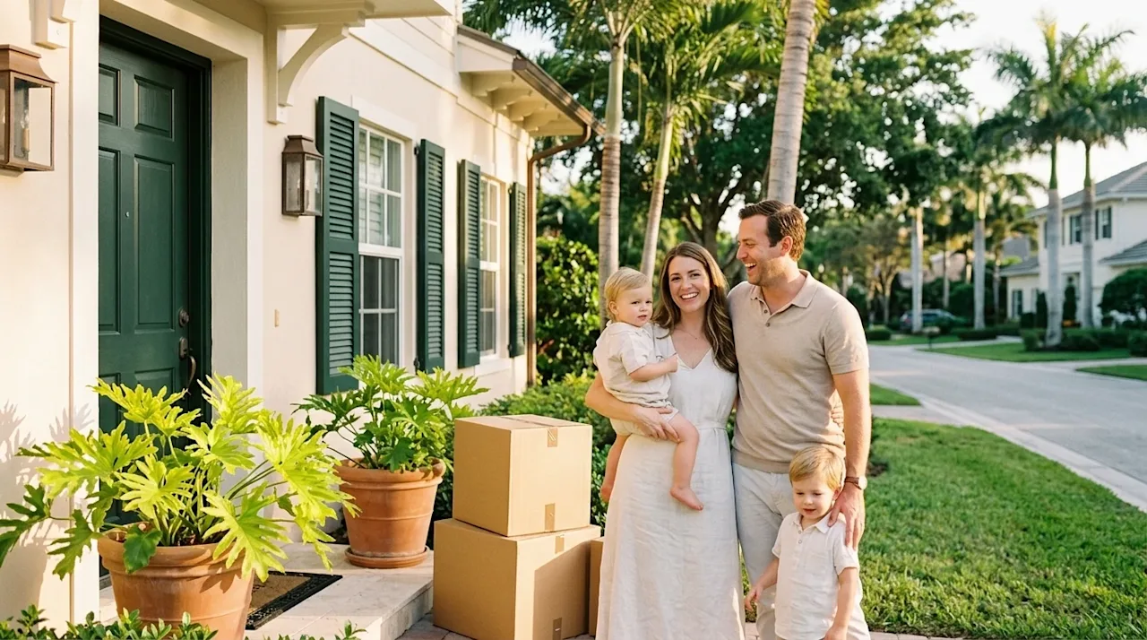 A warm, candid lifestyle photograph of a happy family standing outside their beautiful new home in a sunny, welcoming neighborhood.