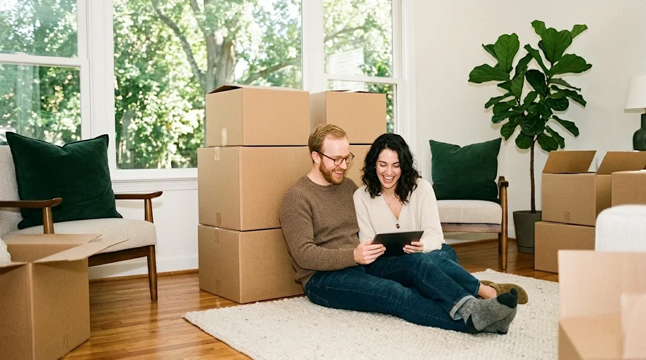 A candid, high-quality lifestyle photograph of a happy couple taking a relaxing break from unpacking in their bright, sunny n