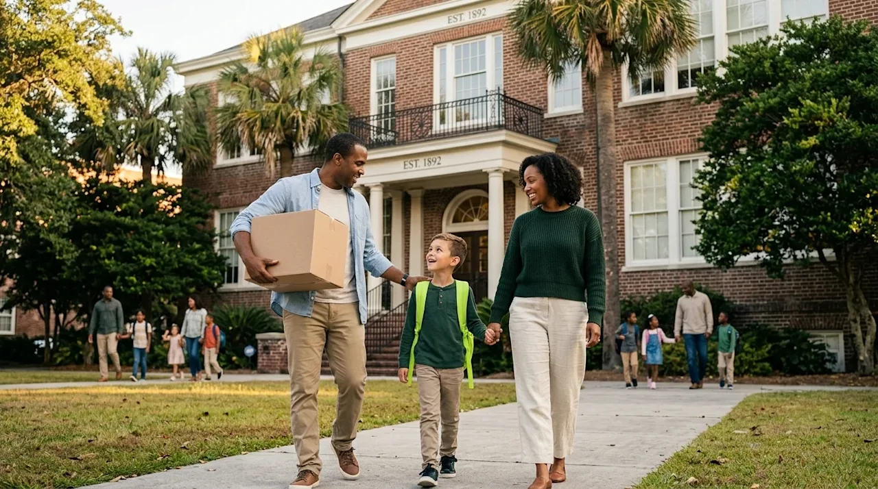 A candid, high-resolution lifestyle photograph of a happy family with an elementary-aged child walking towards a beautiful, h