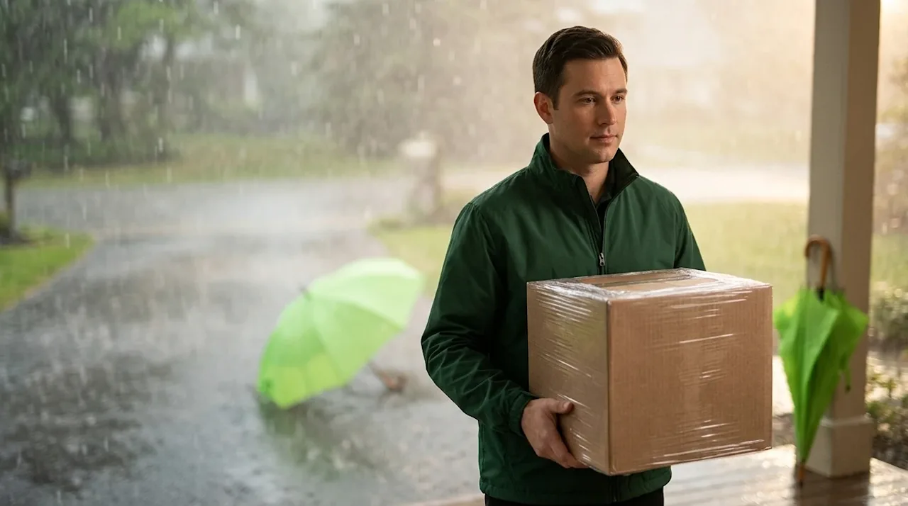 Professional marketing photography, a professional mover standing on a covered residential front porch, carefully holding a c