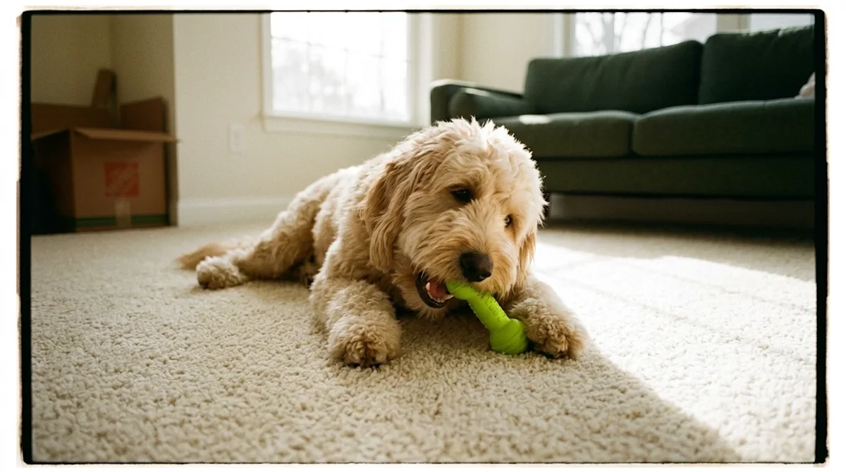 Candid, warm 35mm film photography of a happy, fluffy dog resting comfortably on a freshly cleaned, pristine plush cream carp