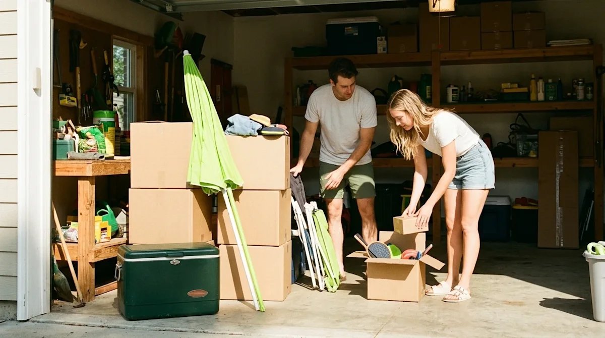 A candid, high-quality editorial lifestyle photograph of a young couple organizing their open garage on a bright, sunny summe