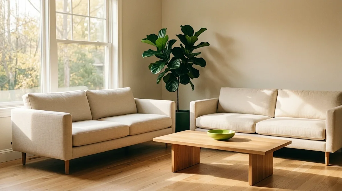 High-quality lifestyle photography of a beautifully organized, serene, and minimalist living room bathed in warm, soft natura