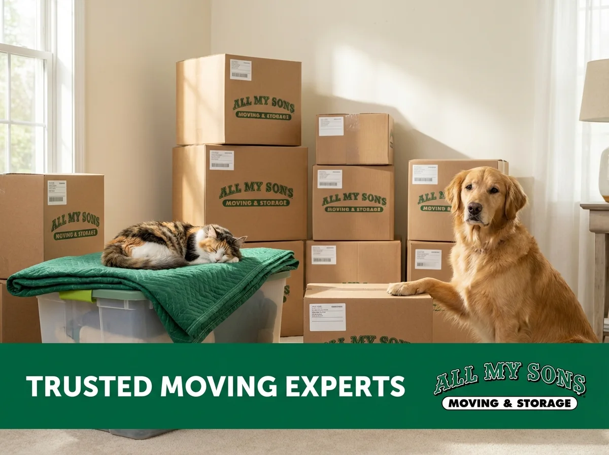 A golden retriever pawing a box and a cat sleeping on a blanket, representing the safe and family-friendly service of All My Sons Moving & Storage.