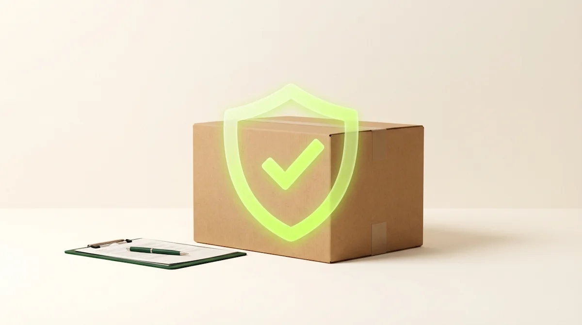 Cardboard moving box with a glowing green shield graphic and clipboard symbolizing moving insurance protection.