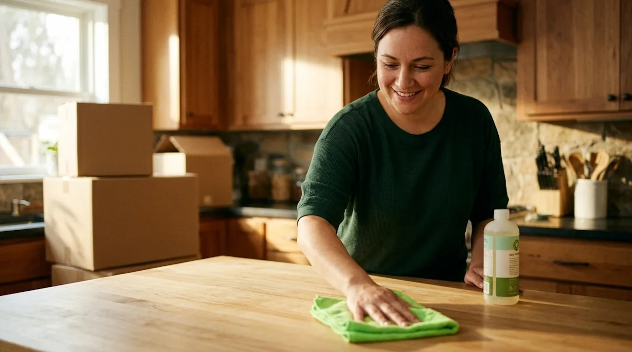 Authentic, candid lifestyle photography of a person cleaning a bright, welcoming home interior in preparation for a move. The