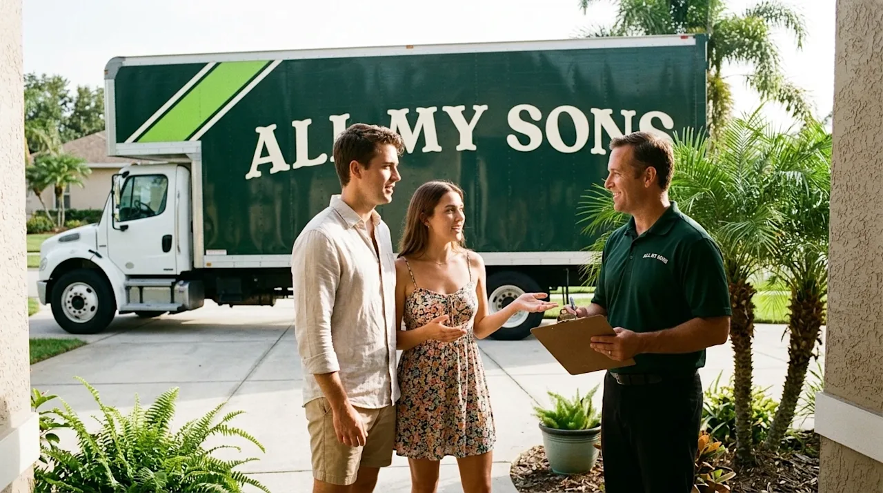 Candid, warm lifestyle photography of a young couple standing on a sunlit Central Florida front porch, actively talking and a