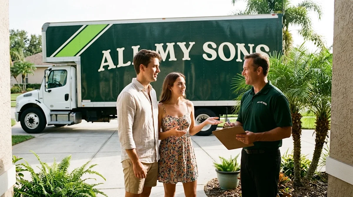 Candid, warm lifestyle photography of a young couple standing on a sunlit Central Florida front porch, actively talking and a