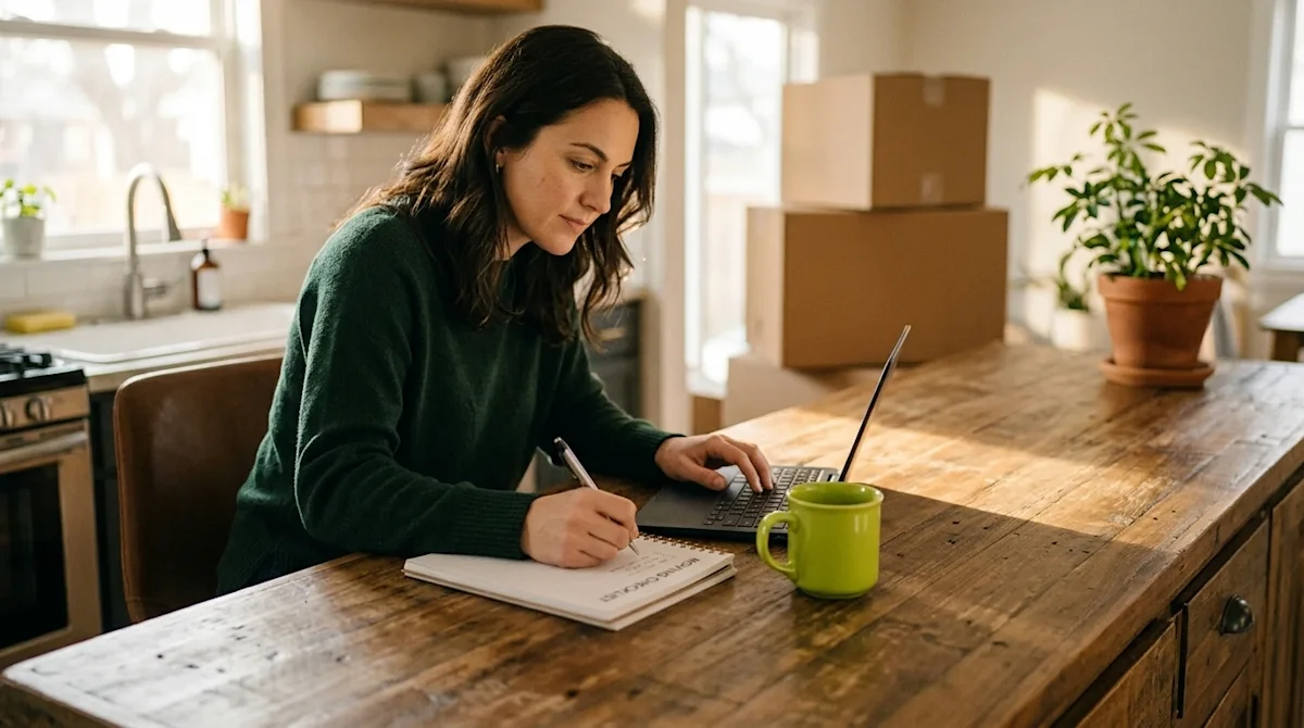 A candid, high-quality lifestyle photograph of a person sitting at a wooden kitchen island in a warmly lit home, thoughtfully