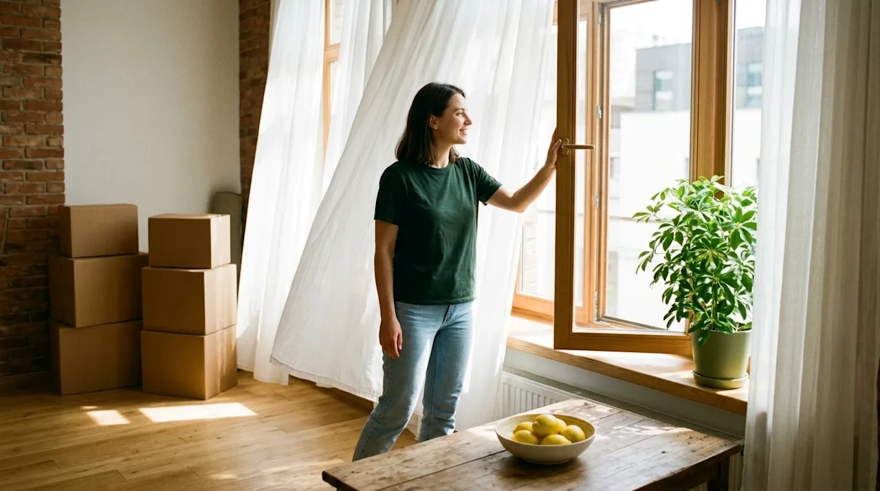 Authentic lifestyle photography of a person in a bright, newly moved-in home living room, airing out the space to freshen it