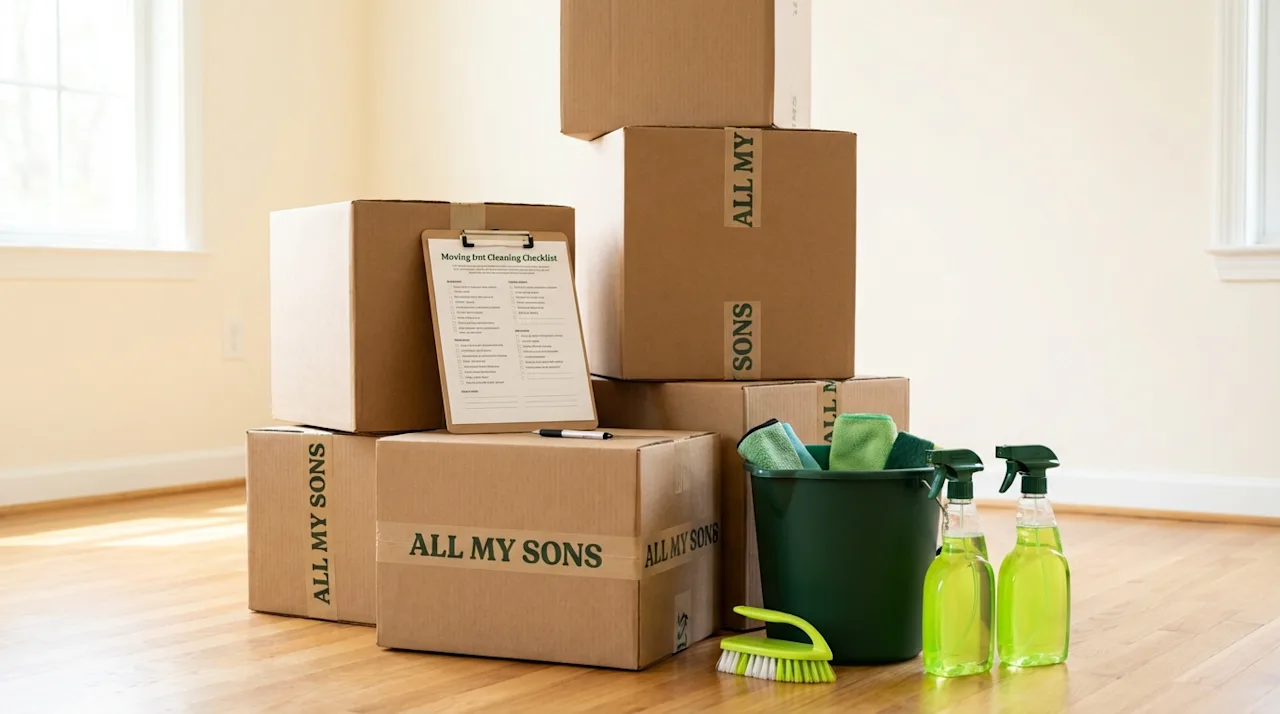 All My Sons moving boxes stacked with a cleaning checklist, green bucket, and spray bottles in an empty room.