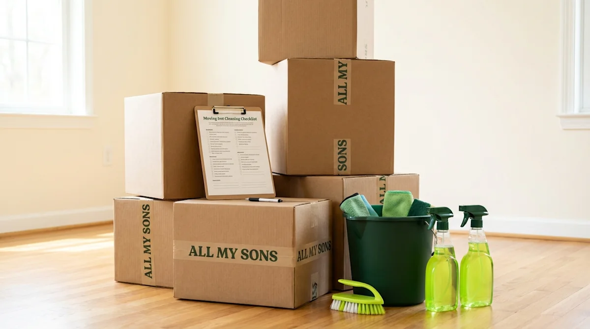 All My Sons moving boxes stacked with a cleaning checklist, green bucket, and spray bottles in an empty room.