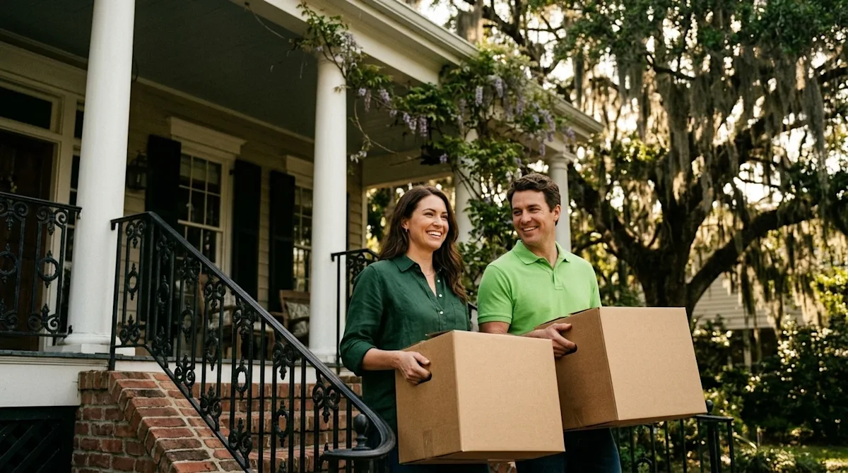 A high-quality, candid lifestyle photograph of a smiling couple carrying natural kraft brown cardboard moving boxes up the fr