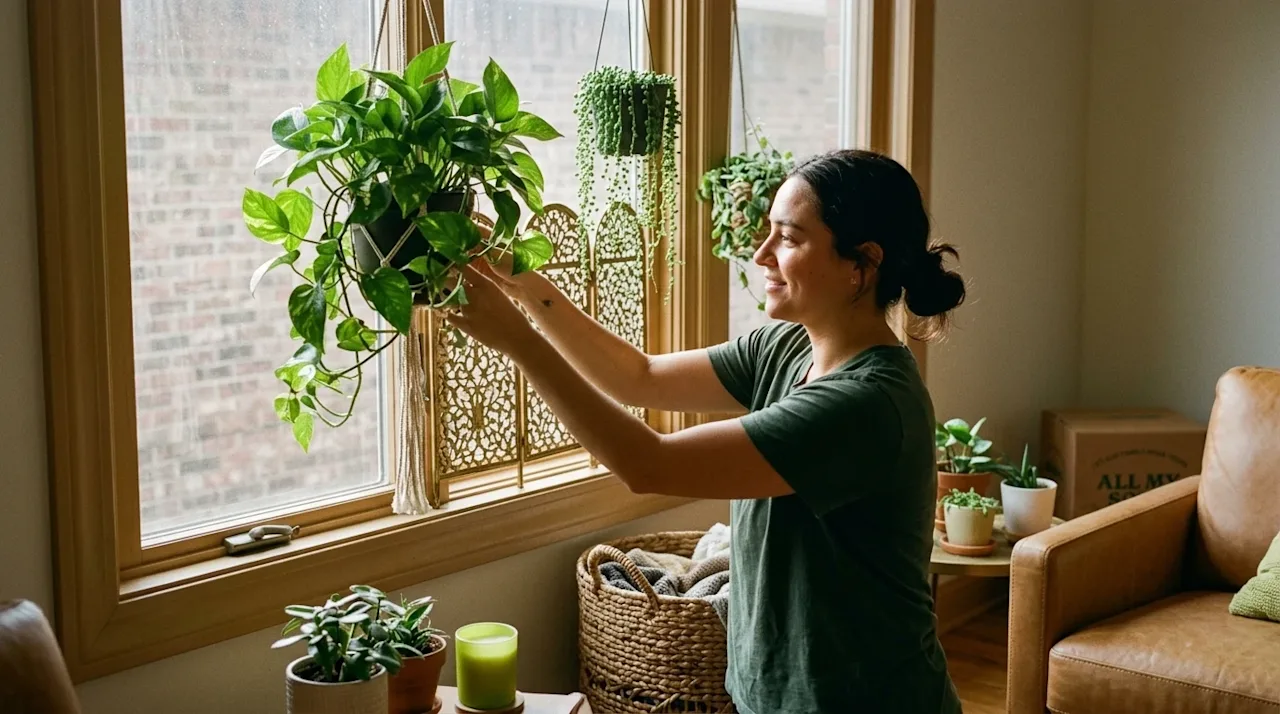 A warm, authentic lifestyle photograph of a person decorating a window in their new living room to creatively obscure a dull