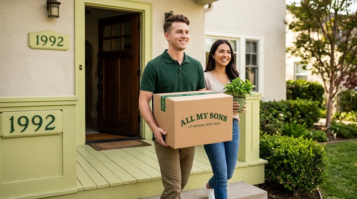 Professional marketing lifestyle photography of a happy young couple walking forward onto the front porch of a welcoming new