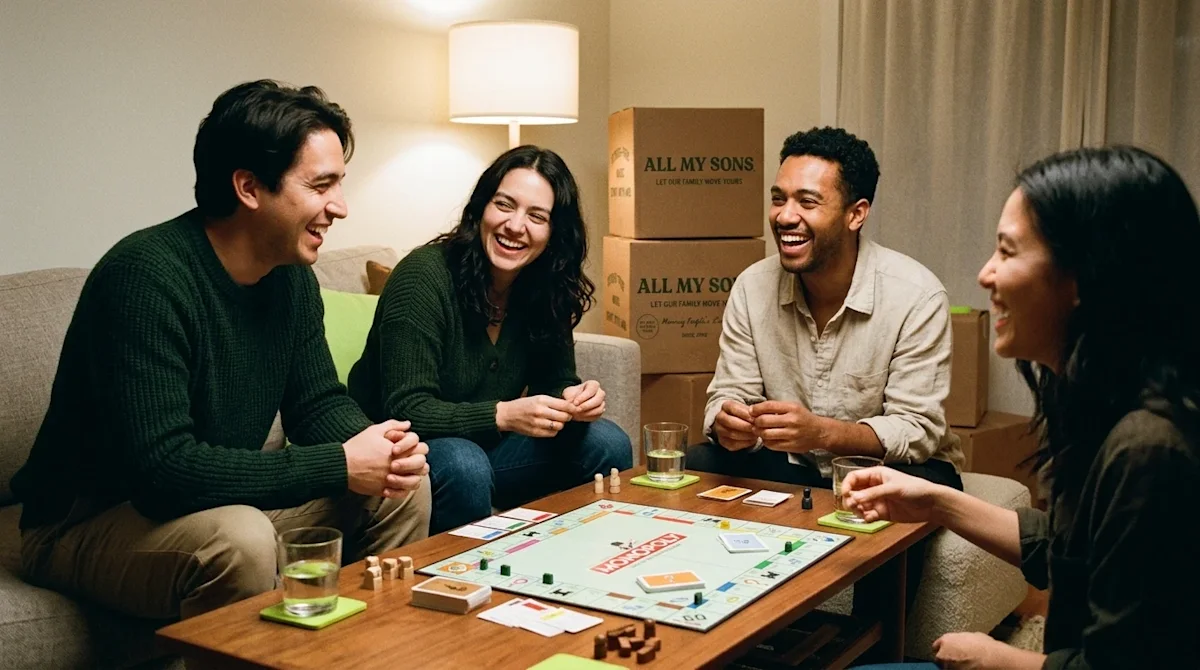Candid lifestyle photography of a group of friends hosting a lively game night in their new home. They are gathered around a