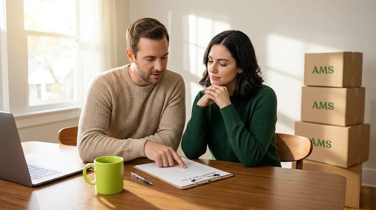 Clear, professional marketing photography of an organized couple planning their household move, sitting together at a warm wo