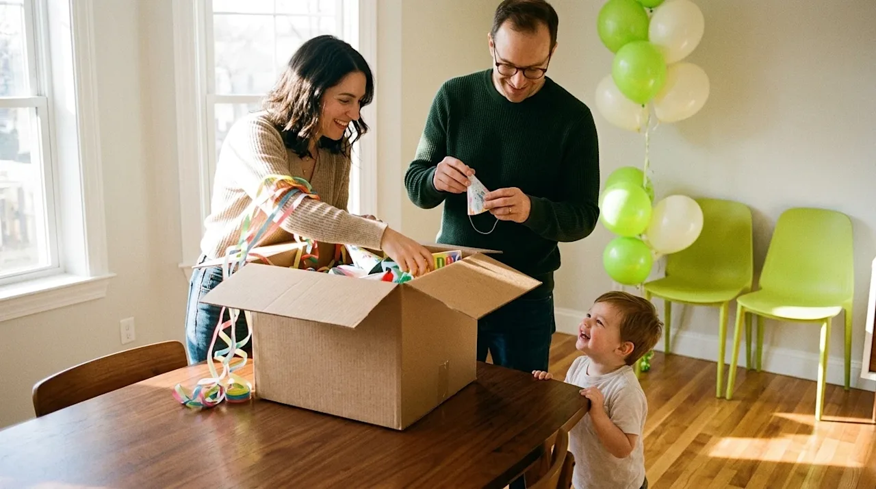 A candid, heartwarming lifestyle photograph of a family setting up for a child's birthday party in their new home. A mother a