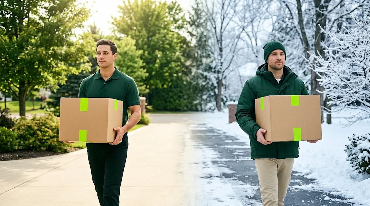 A creative but realistic professional marketing photograph illustrating the concept of 'Summer vs. Winter Moves' through a na