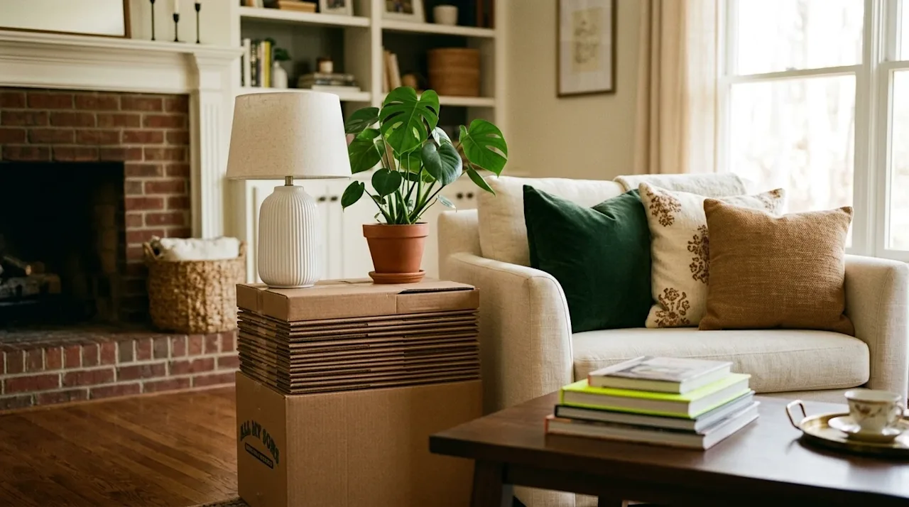 Lifestyle photography, 35mm film aesthetic, warm and inviting atmosphere. A beautifully styled, cozy living room demonstratin