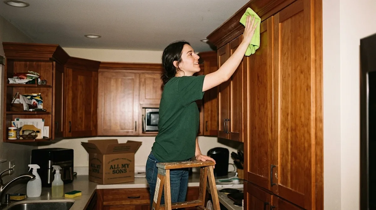 Candid 35mm film photography of a person spring cleaning a neglected area of a warm, lived-in home. A young adult wearing a c